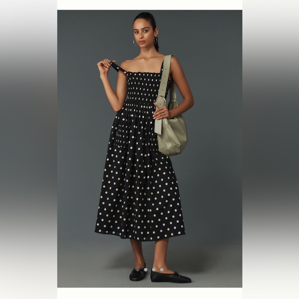 Anthropologie Black and White Polka Dot Midi Dress pockets